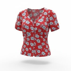 LOFT Coral / Blue Button Front Blouse Lyocell Short Sleeve Size 14